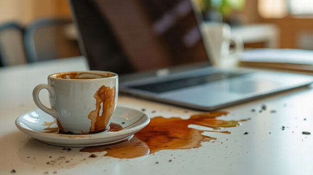 Coffee cup with spilled beverage on a white table, next to a laptop, creating a messy workspace scene, highlighting the chaos of daily life and work challenges