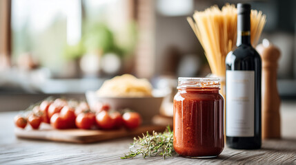 A jar of tomato sauce with fresh tomatoes, spaghetti, and a bottle of wine in a cozy kitchen setting.