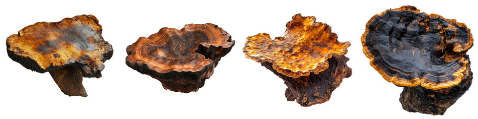 Fototapeta premium Chaga Mushroom – A dark irregularly shaped mushroom known for its medicinal properties often found growing on birch trees and valued for its health benefits. Isolated on Clear White Background Highly 