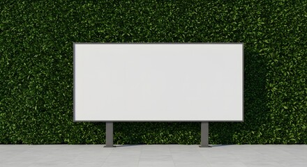 A blank white sign or poster stands against a lush green wall