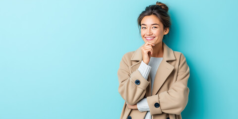 Confident smiling woman in a beige coat posing thoughtfully against a bright blue background with copy space for modern lifestyle and business concepts.