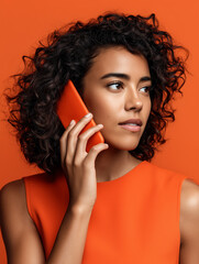 Woman with curly hair wearing an orange dress and holding phone against a matching orange background.