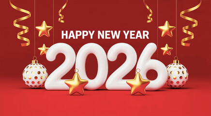 Happy New Year 2026 celebration background with golden decorations, festive typography, holiday greeting card, luxury party theme and joy