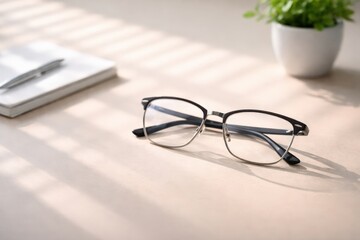 A Minimalist Workspace Featuring Stylish Eyeglasses, a Potted Plant, and Neatly Arranged Office Supplies Under Soft Natural Light