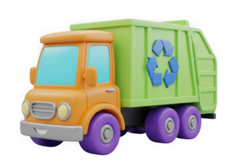 A toy garbage truck with a recycling symbol on the side