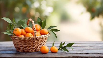 Fresh ripe tangerines with green leaves in a wicker basket on a wooden table outdoors, with a blurred garden background.
