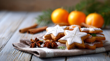 Traditional Christmas cinnamon star cookies with white icing on a rustic wooden table, decorated with nuts, spices, and fresh oranges in the background.
