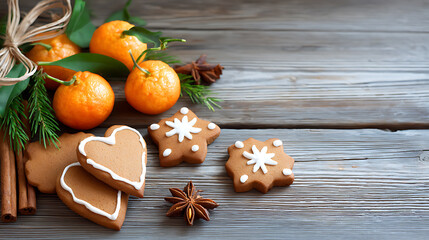 Festive composition with tangerines, gingerbread cookies, walnuts, and pine branches on rustic wooden background. Christmas or New Year holiday concept.
