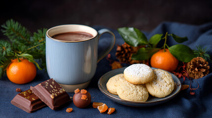 Cozy winter still life with a cup of hot chocolate, homemade cookies, tangerines, cinnamon sticks, pinecones and fir branches on a dark background.
