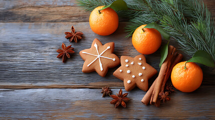 Christmas composition with tangerines, star cookies, cinnamon sticks, fir branches and pine cones on rustic wooden table. Festive holiday background.
