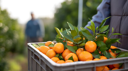 Freshly harvested tangerines with green leaves in a crate, picked by farmers at a citrus orchard on a sunny day.
