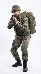 Fototapeta premium Soldier in camouflage gear holding rifle with intense focus