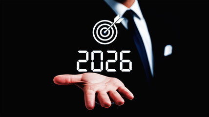 2026 future concept in open business hand, strategic planning, innovation roadmap, corporate vision, technology driven growth, dark background