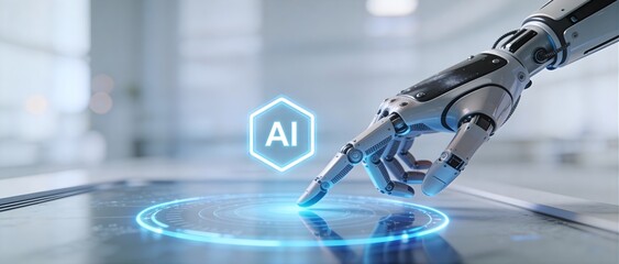 A futuristic robotic hand touching a glowing blue digital AI interface on a sleek glass surface, representing advanced artificial intelligence integration, machine learning technology, and human-robot
