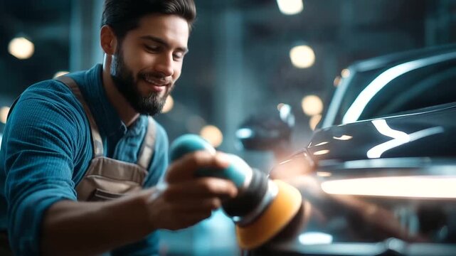 Professional detailer polishing vehicle with machine buffer faceless worker defocused garage background close up paint correction waxing process vehicle care maintenance