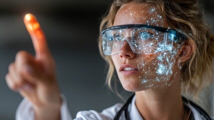Visionary scientist interacts with glowing futuristic data network overlay on protective eyewear, exploring digital frontier