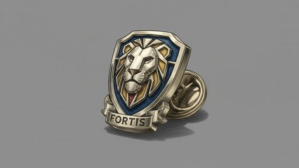 Emblematic golden shield pin featuring a stylized lion head and 'Fortis' banner artwork