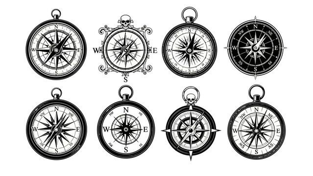 Collection of compass designs navigation symbols in black and white