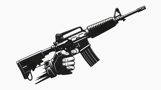 Hand holding a black rifle with a white background