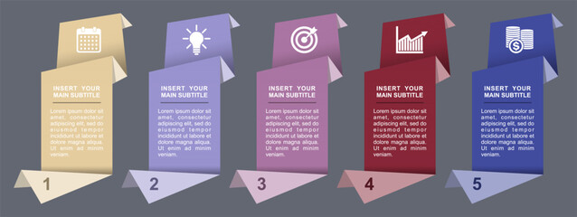 Creative 5 Steps Business Infographic Vector Illustration. Perfect for Data Visualization, Workflow, and Presentation Template with Calendar, Idea, Target, Growth, and Money Icons.