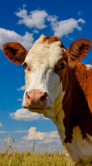 A brown and white cow with a pink nose and eyes looking at the camera