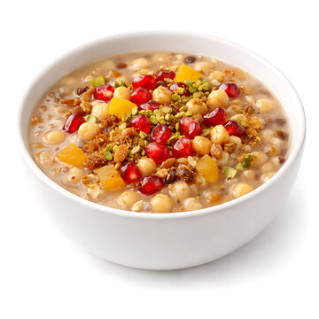 Ashure dessert, ancient grain pudding, minimal bowl, white background