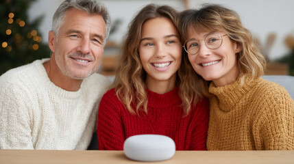 Family enjoying smart home technology with ai assistant for interactive fun