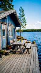 A wooden cabin with a blue exterior situated on a pier overlooking a lake