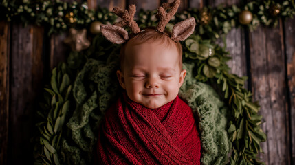 A baby wearing a red sweater and a pair of reindeer antlers with a green leafy background