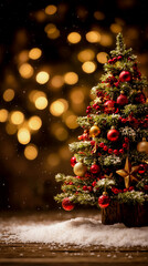 A Christmas tree with red and gold ornaments surrounded by falling snowflakes and a blurred background of golden lights