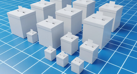 Conceptual image of diverse ballot boxes on a blue grid, symbolizing elections and voting in a democratic process.