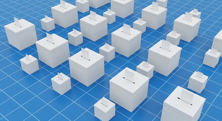 Conceptual image of voting boxes with papers on a blue grid background, representing elections and democracy