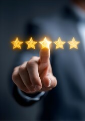 Customer service concept, Businessman hand choose 5 star rating for best satisfaction with survey, evaluation, review, satisfaction, client, rating