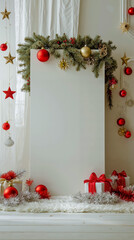 A festive holiday decoration with a white board red ornaments and a garland of pine and gold ornaments
