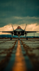 A stealth fighter jet on a runway with a dramatic sky in the background