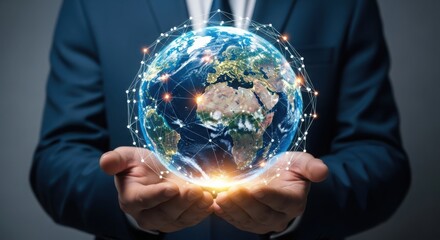 Businessman holds glowing digital earth in hands global network concept