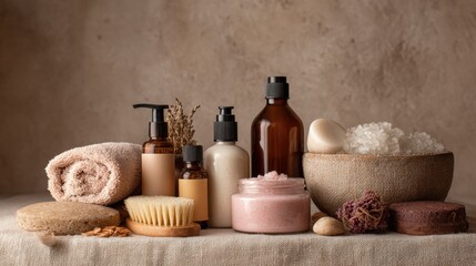 Spa still life of beauty items on cloth against textured neutral wall