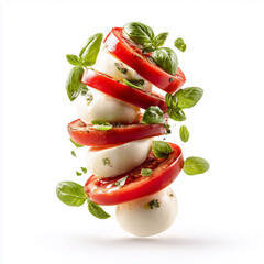 Caprese salad deconstructed: tomato disks, mozzarella spheres, basil dots