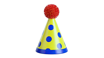Yellow and Blue Polka Dot Party Hat with Red Pom-Pom