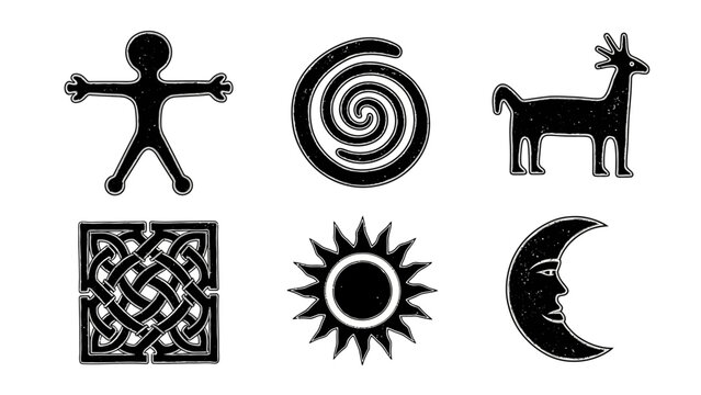 Abstract symbols collection human figure spiral deer celtic knot sun and moon
