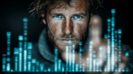 Intense businessman with piercing blue eyes analyzing futuristic glowing digital data charts in a dark, modern setting
