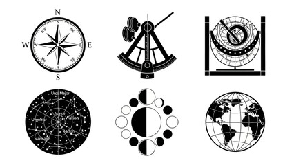 Illustrated navigational and astronomical instruments in simple black and white © @_ greta