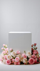 A white box with a floral arrangement of pink and white roses on top