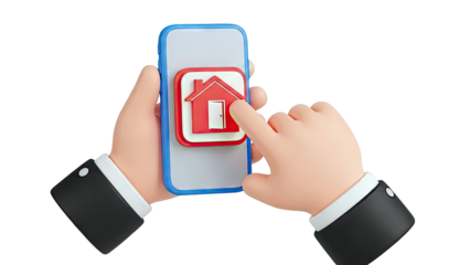 Hands using smartphone with house app icon