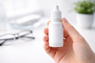 A Close-Up of a Hand Holding a Blank White Bottle with a Dropper Cap, Set Against a Soft Focus Background of Glass and Greenery