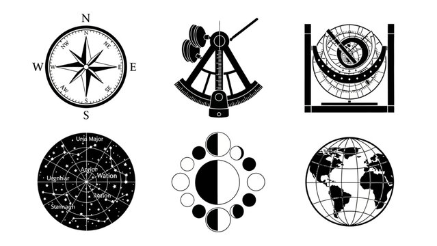 Illustrated navigational and astronomical instruments in simple black and white