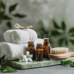 Spa setup oils, towels, brush, flower against blurred leaf background