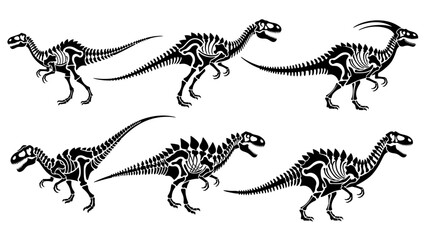 Dinosaur skeletons in black and white illustrative design on white background