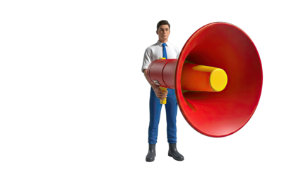 Man holding a large red megaphone with white background