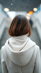 Girl at subway exit watching snowfall during winter